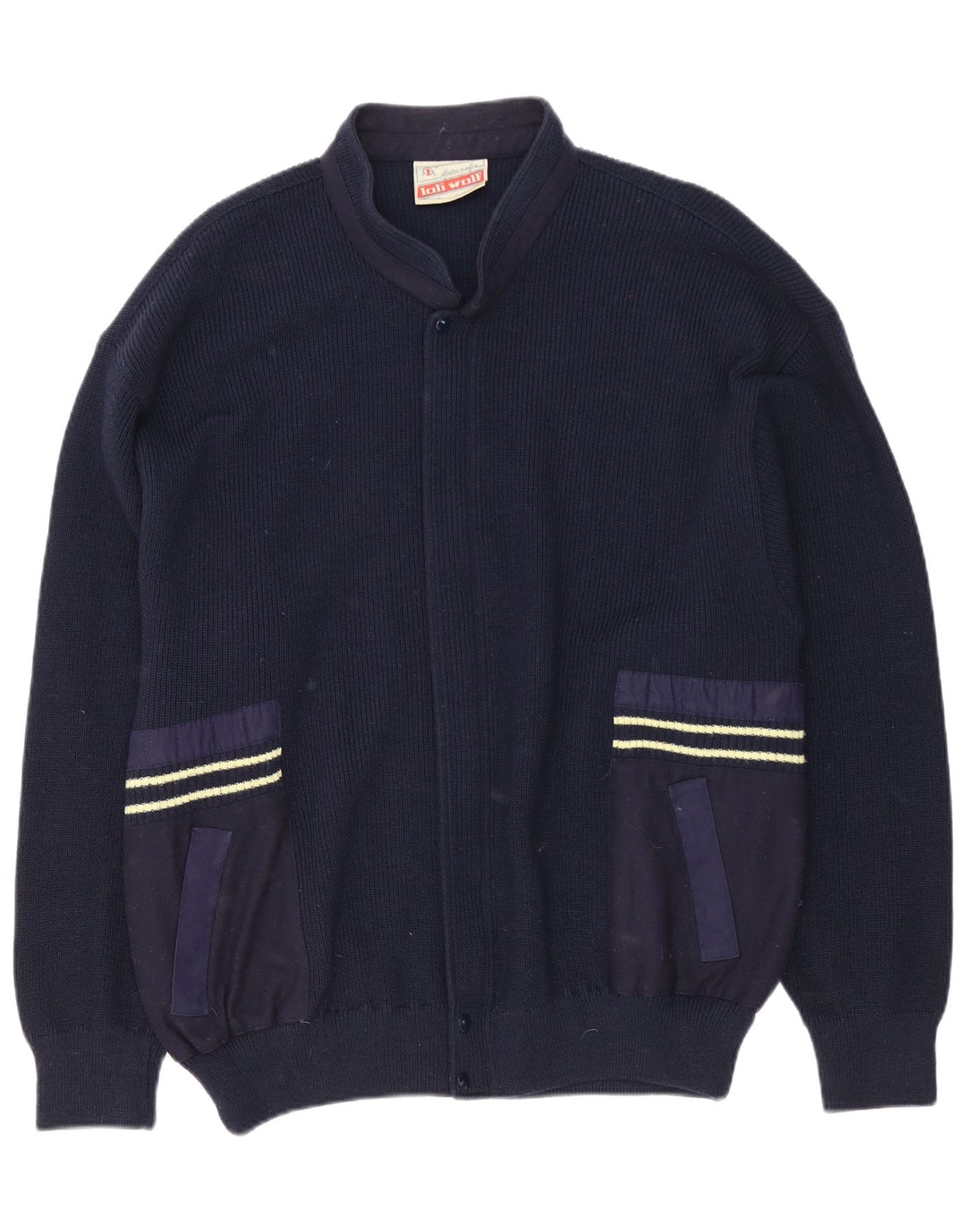 Loli Wolf Mens Regular Fit Cardigan Sweater Medium Navy Blue Wool