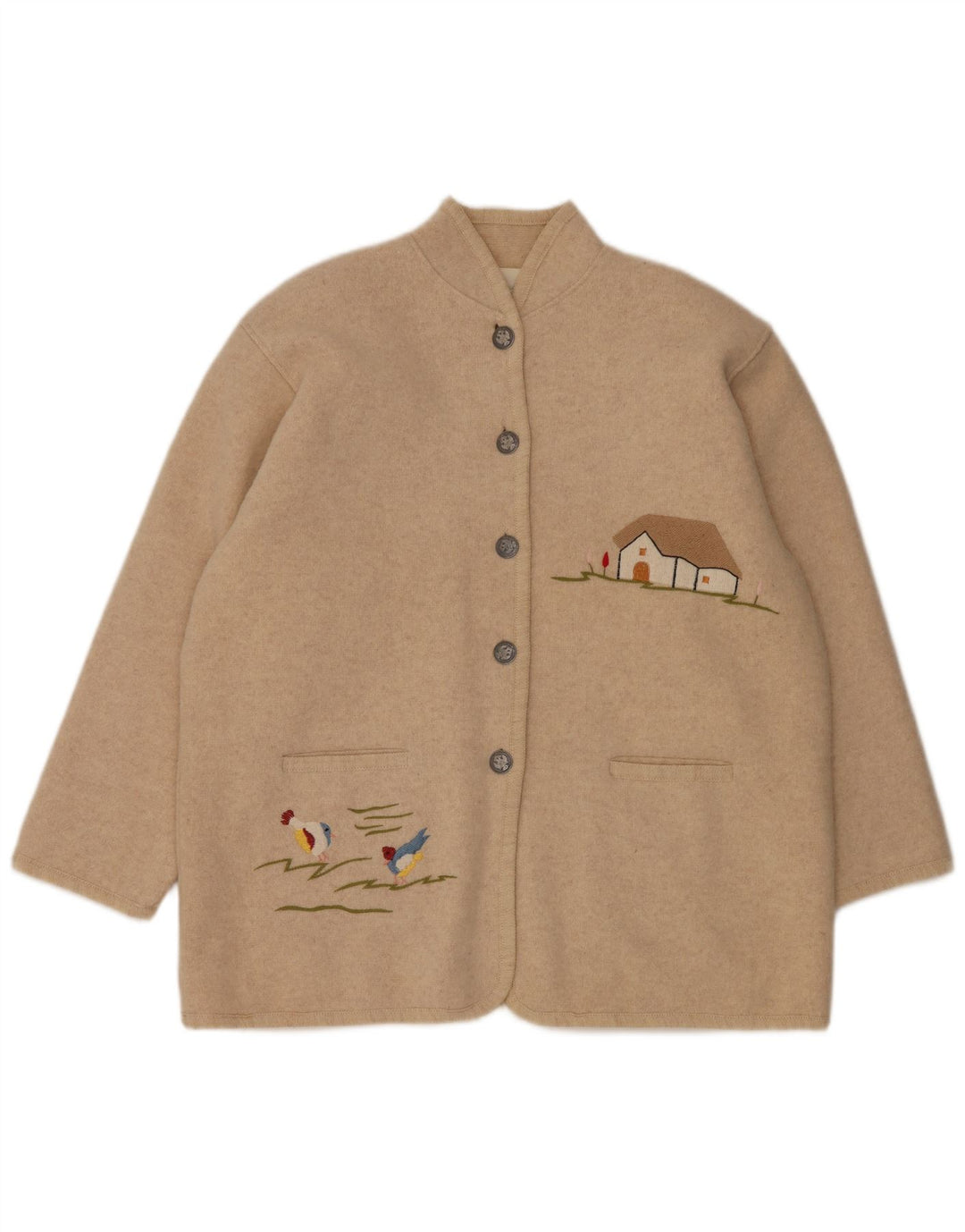 VINTAGE Womens Graphic 5 Button Blazer Jacket UK 14 Large Beige