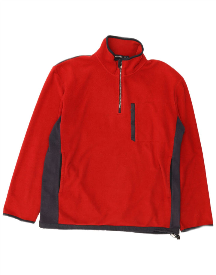 Nautica Mens Zip Neck Fleece Jumper Large Red Colourblock Polyester