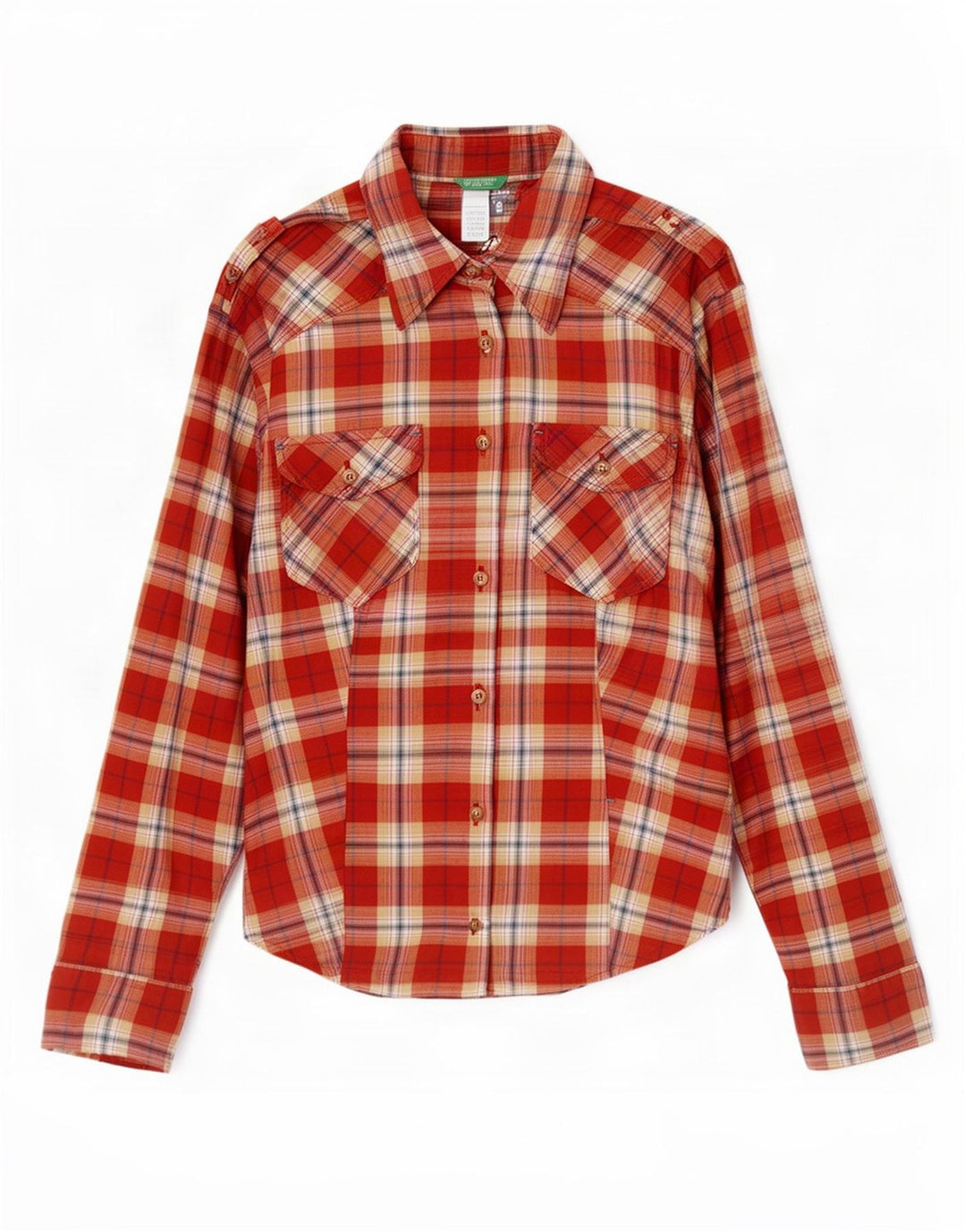 Benetton Womens Military Flannel Shirt UK 12 Medium Red Check