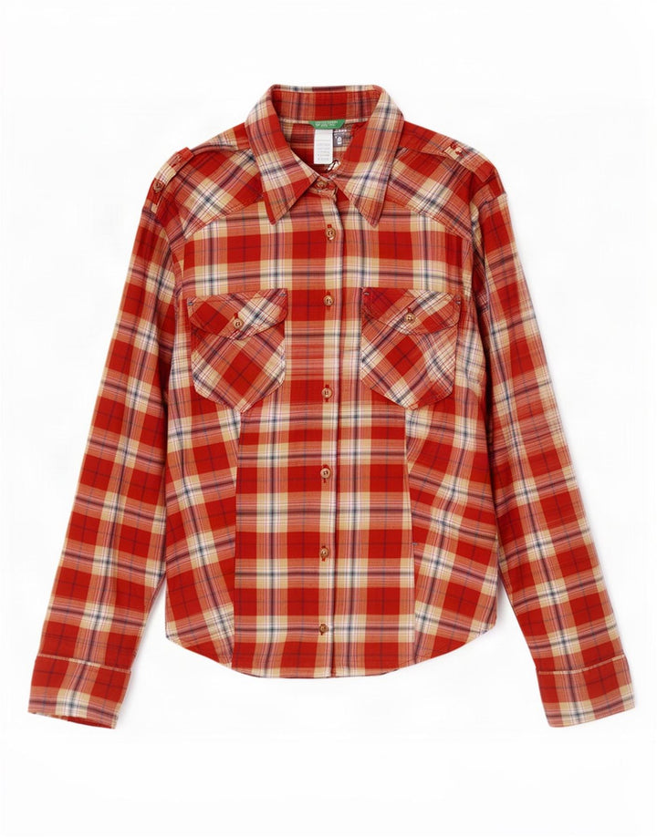 Benetton Womens Military Flannel Shirt UK 12 Medium Red Check