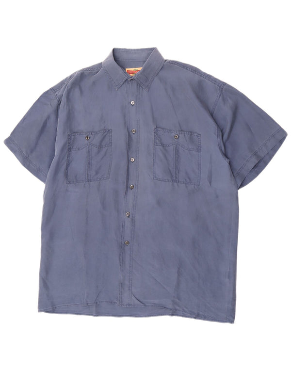 Vintage Mens Short Sleeve Shirt Large Blue Silk Classic