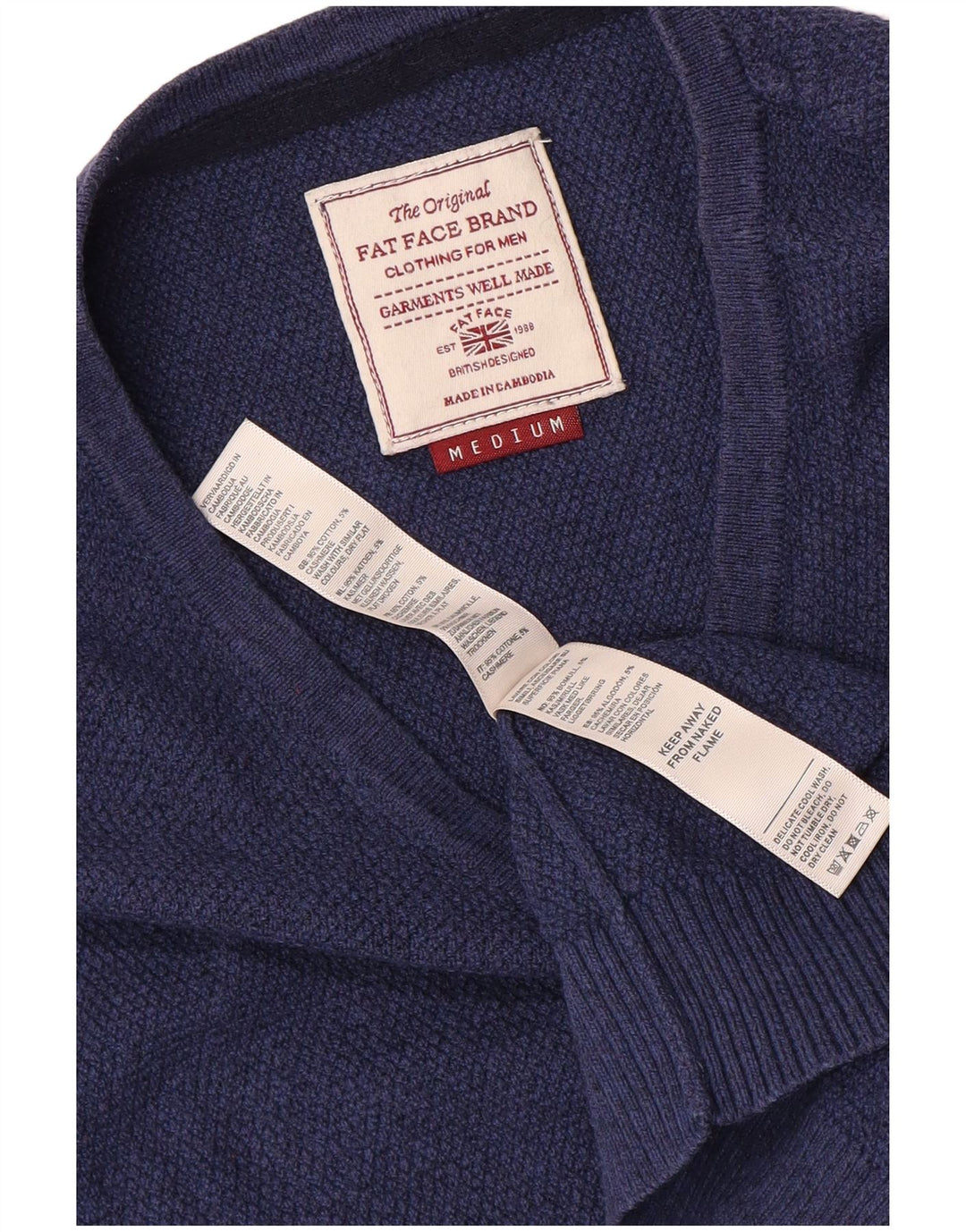 Fat Face Mens V-Neck Jumper Sweater Medium Blue Cotton