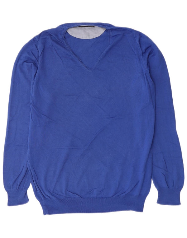 Zara Mens V-Neck Jumper Sweater Large Blue Cotton