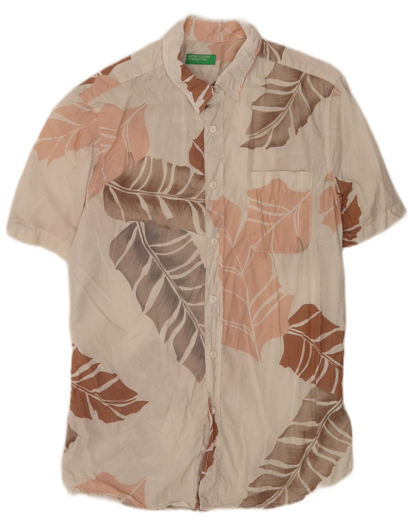 Benetton Mens Short Sleeve Shirt Medium White Floral Cotton