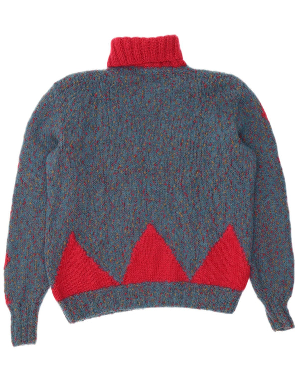 Vintage Womens Roll Neck Jumper Sweater UK 14 Large Blue Geometric