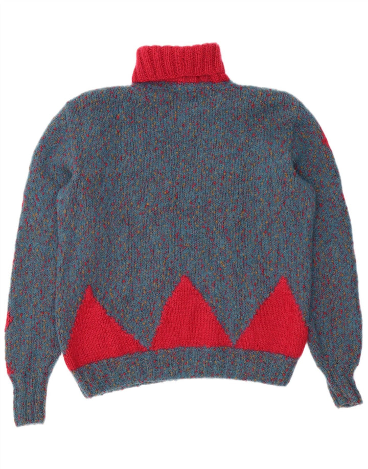 Vintage Womens Roll Neck Jumper Sweater UK 14 Large Blue Geometric
