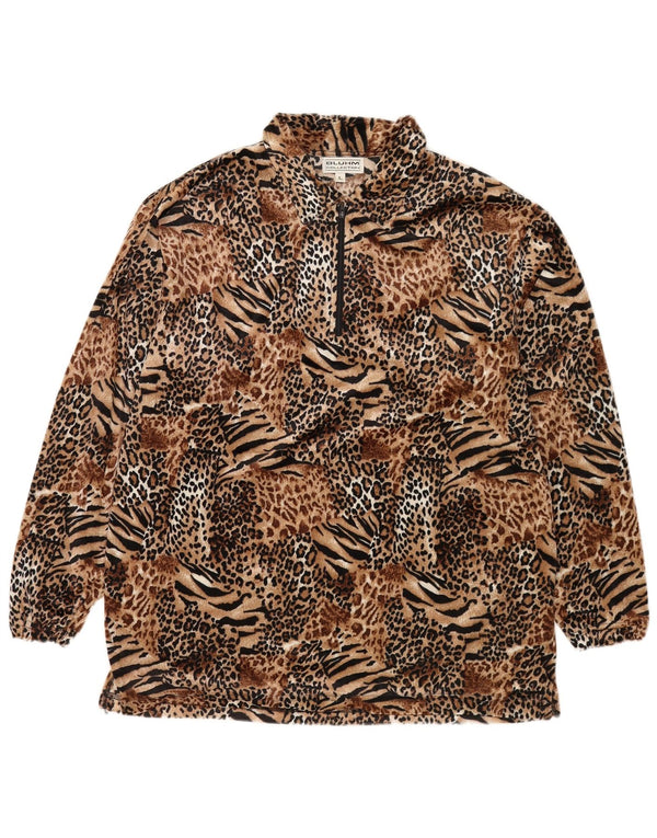 Vintage Mens Polo Neck Fleece Jumper Large Brown Animal Print Polyester