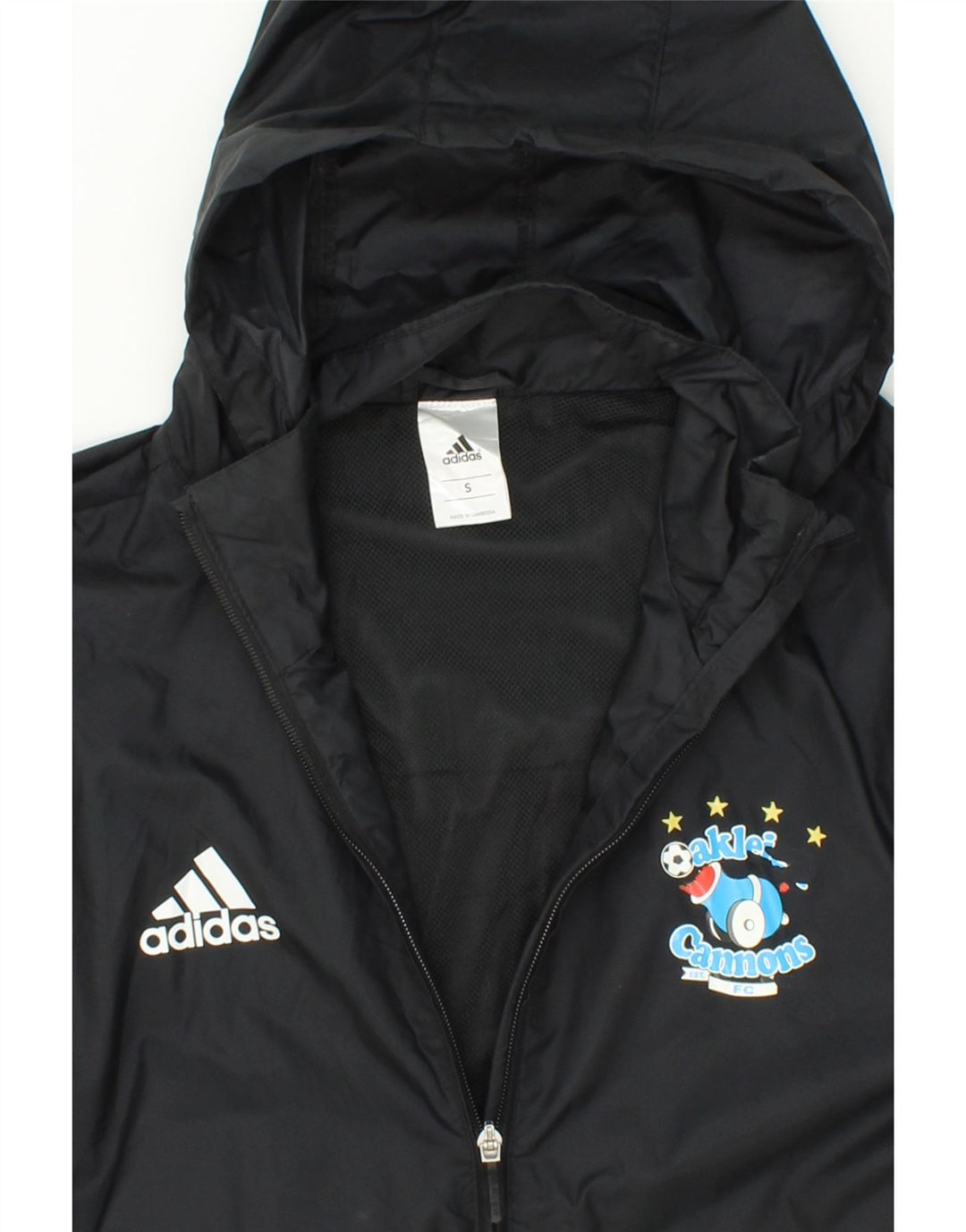 ADIDAS Mens Graphic Hooded Rain Jacket UK 36 Small Black Nylon Vintage Adidas and Second-Hand Adidas from Messina Hembry 