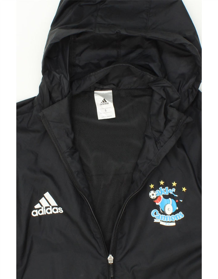 ADIDAS Mens Graphic Hooded Rain Jacket UK 36 Small Black Nylon Vintage Adidas and Second-Hand Adidas from Messina Hembry 