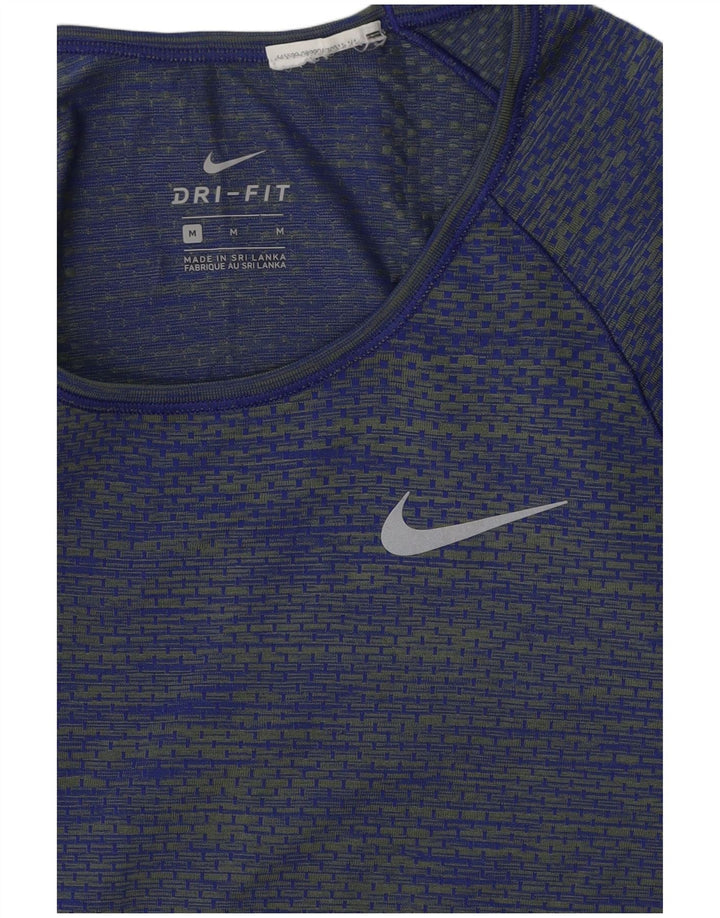 Nike Womens Dri Fit Top Long Sleeve UK 12 Medium Blue Striped