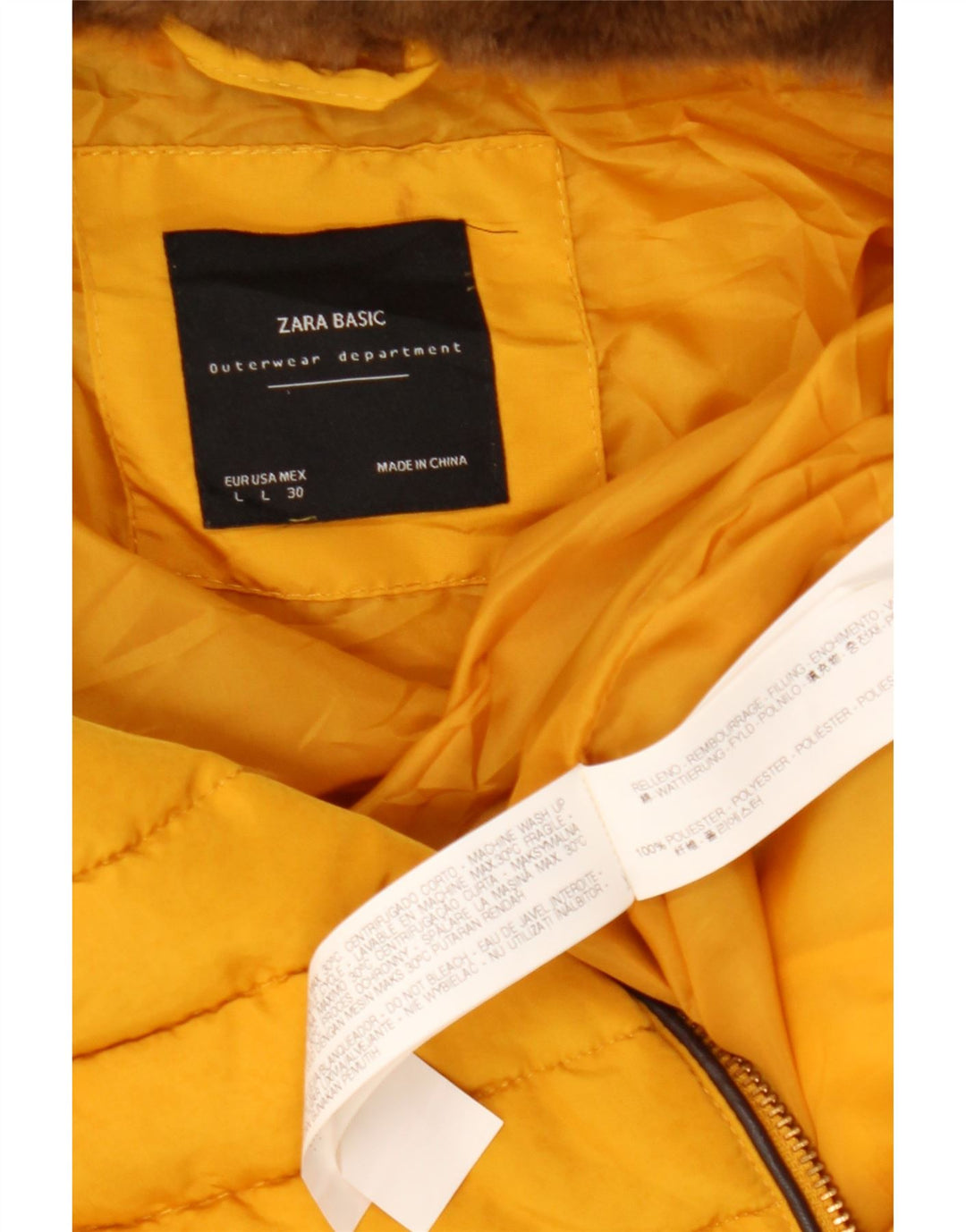 Zara Womens Hooded Crop Padded Jacket UK 14 Large Yellow Polyester