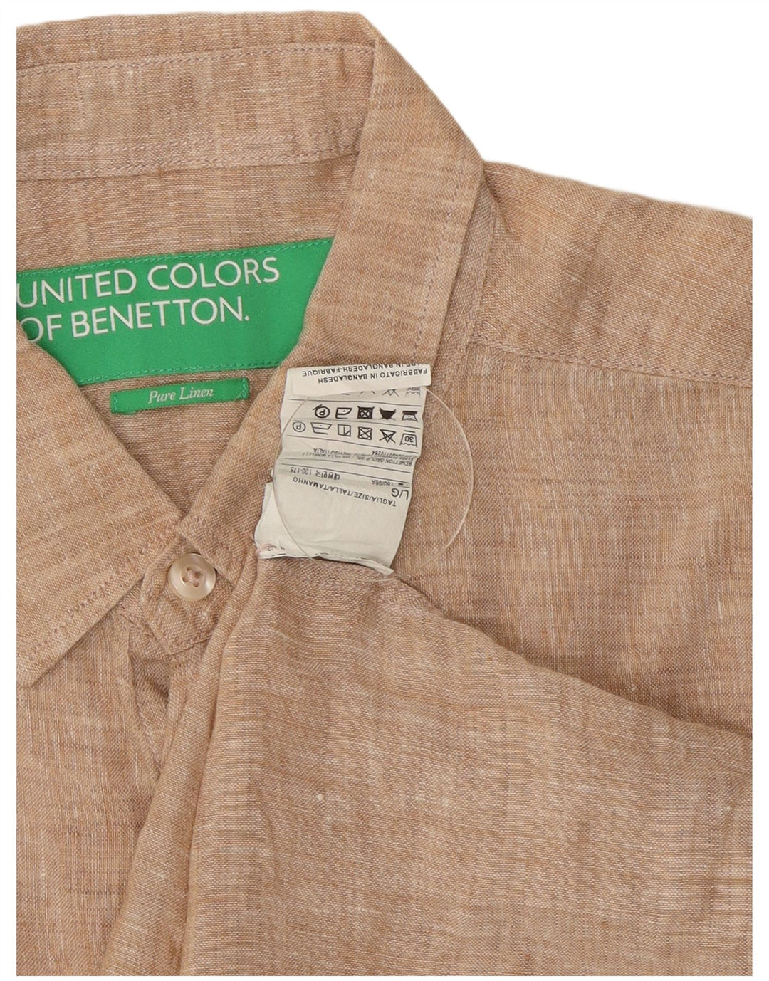 Benetton Mens Short Sleeve Shirt Large Beige Linen