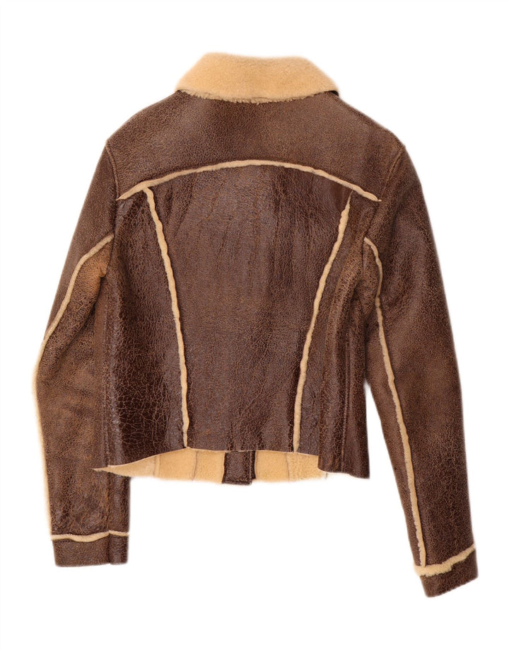 Vintage Womens Crop Shearling Jacket UK 14 Large Brown Shearling