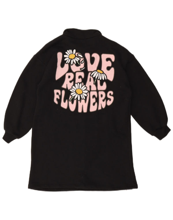 Zara Girls Long Sleeve Graphic Polo Dress 9-10 Years Black Cotton