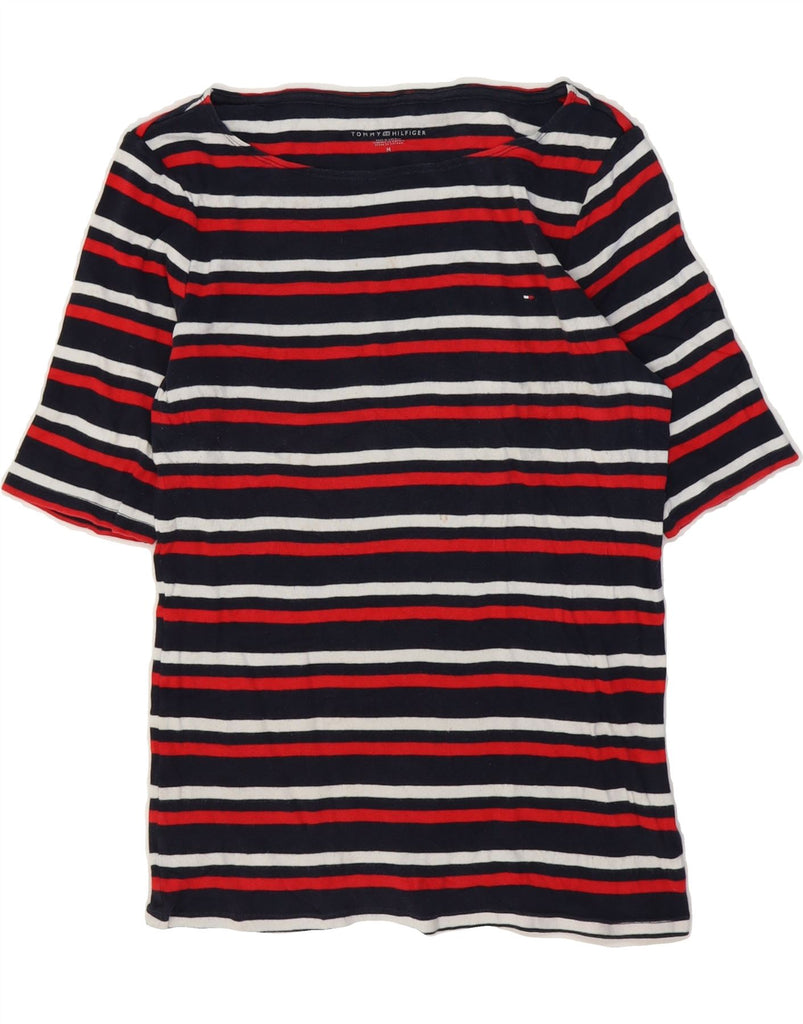 TOMMY HILFIGER Womens T-Shirt Top UK 12 Medium Black Striped Cotton Vintage Tommy Hilfiger and Second-Hand Tommy Hilfiger from Messina Hembry 