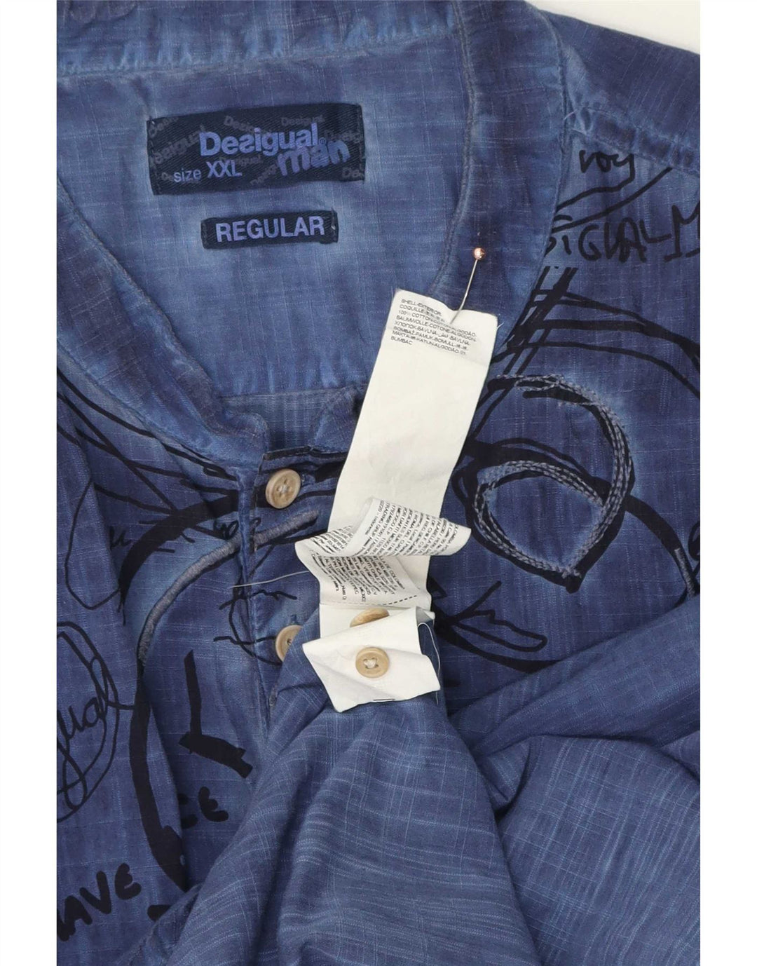 Desigual Mens Graphic Pullover Shirt 2XL Navy Blue Cotton