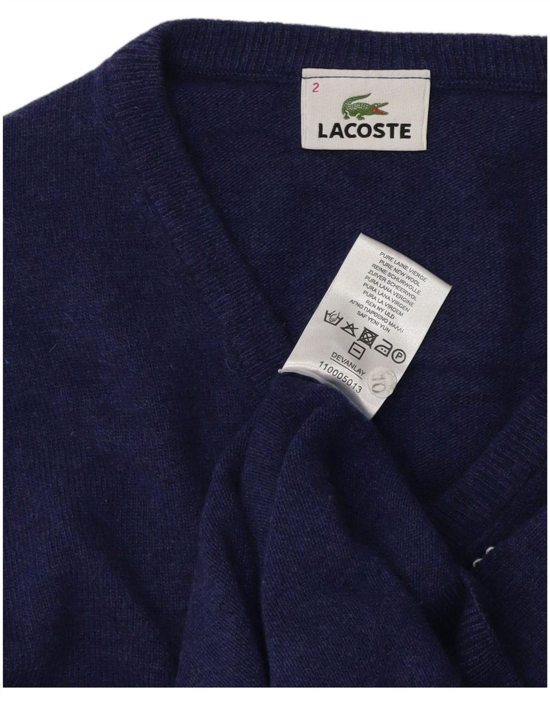 Lacoste Mens V-Neck Jumper Sweater Size 2 XS Blue Virgin Wool