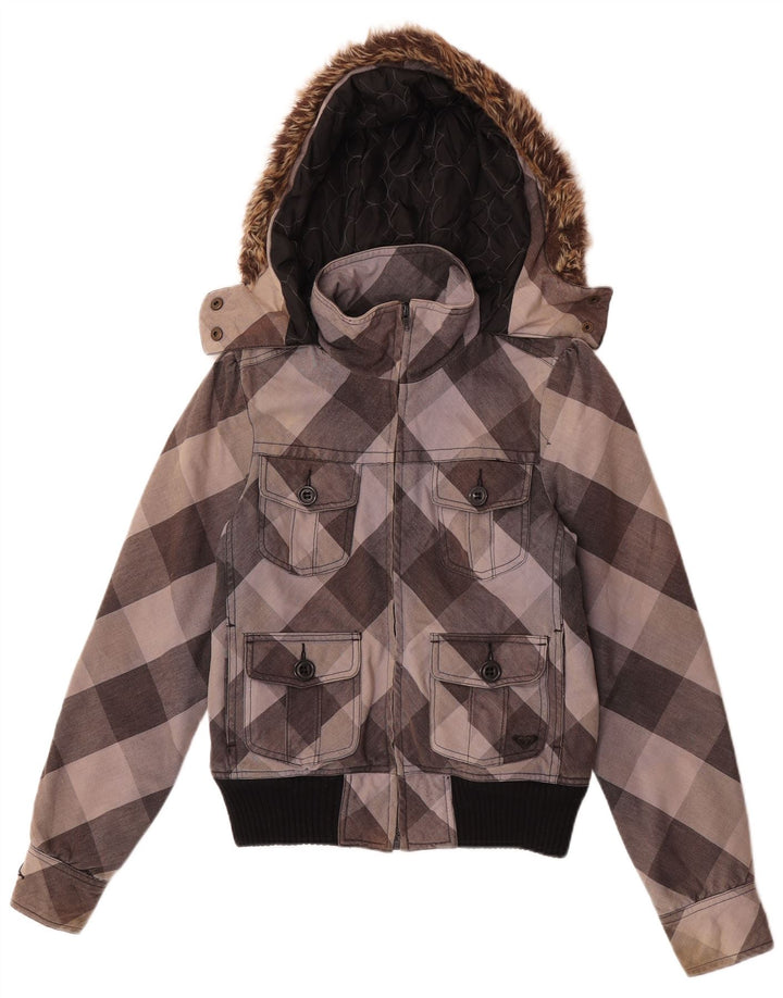 Roxy Womens Hooded Bomber Jacket UK 10 Small Grey Check Cotton