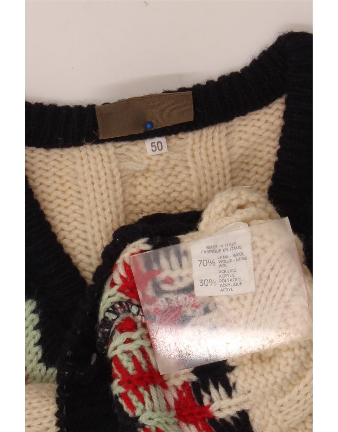 SEVRES Mens V-Neck Jumper Sweater IT 50 Medium Beige Fair Isle Wool