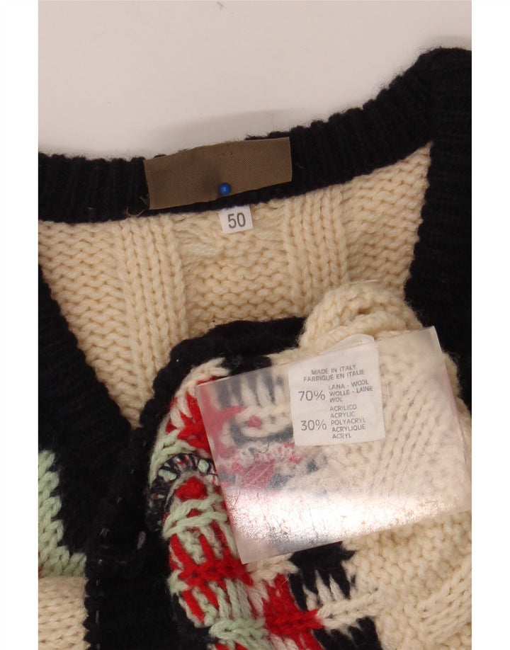 SEVRES Mens V-Neck Jumper Sweater IT 50 Medium Beige Fair Isle Wool