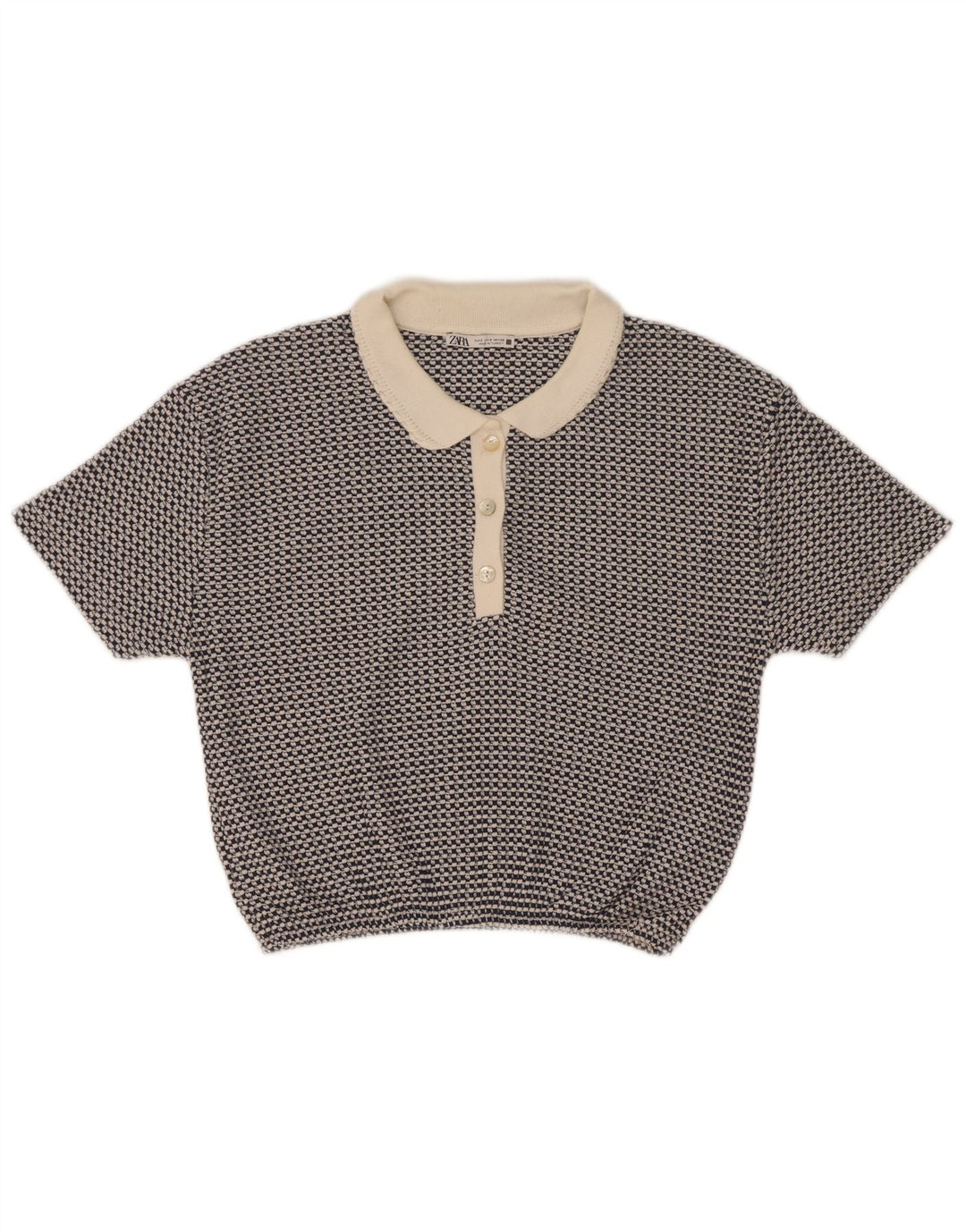 Zara Womens Crop Polo Shirt UK 10 Small Blue Geometric Polyester