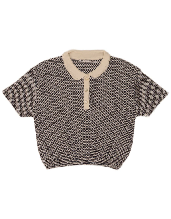 Zara Womens Crop Polo Shirt UK 10 Small Blue Geometric Polyester