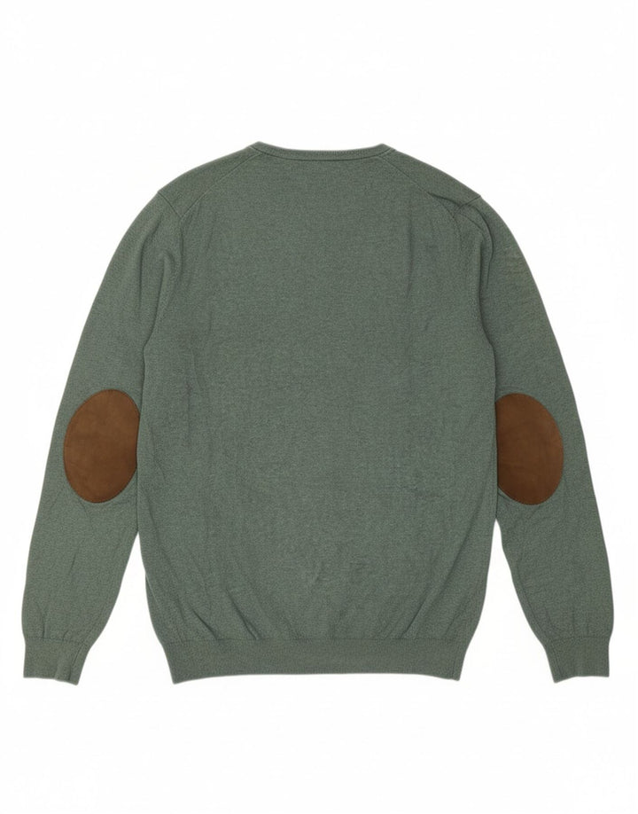 MASSIMO DUTTI Mens V-Neck Jumper Sweater XL Green Cotton