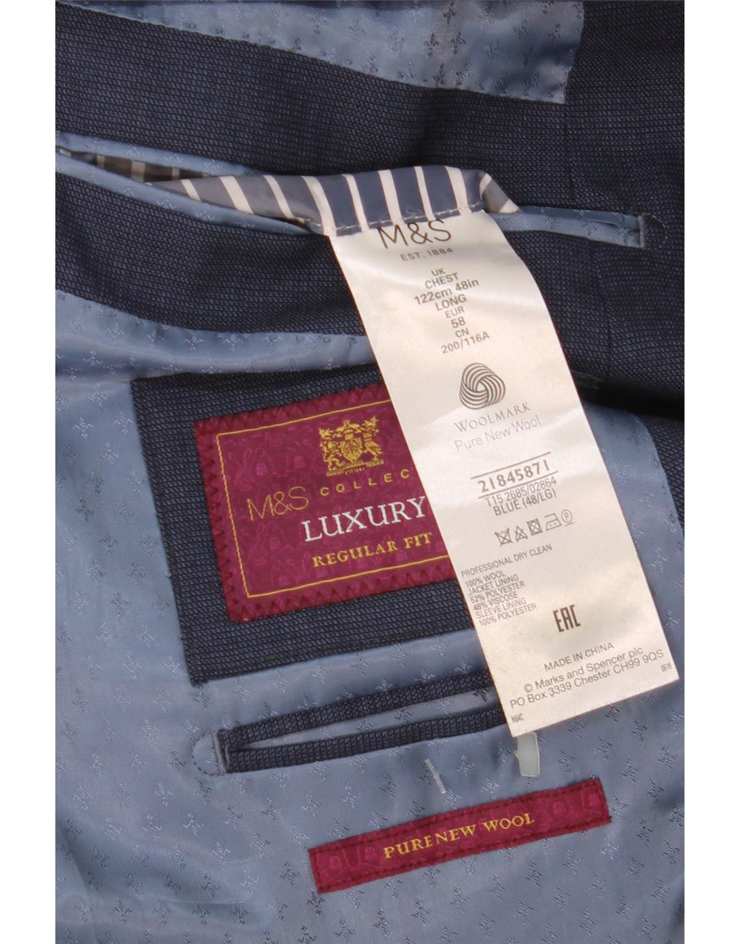 Marks & Spencer Mens 2 Button Regular Fit Blazer Jacket UK 48 2XL Navy Blue