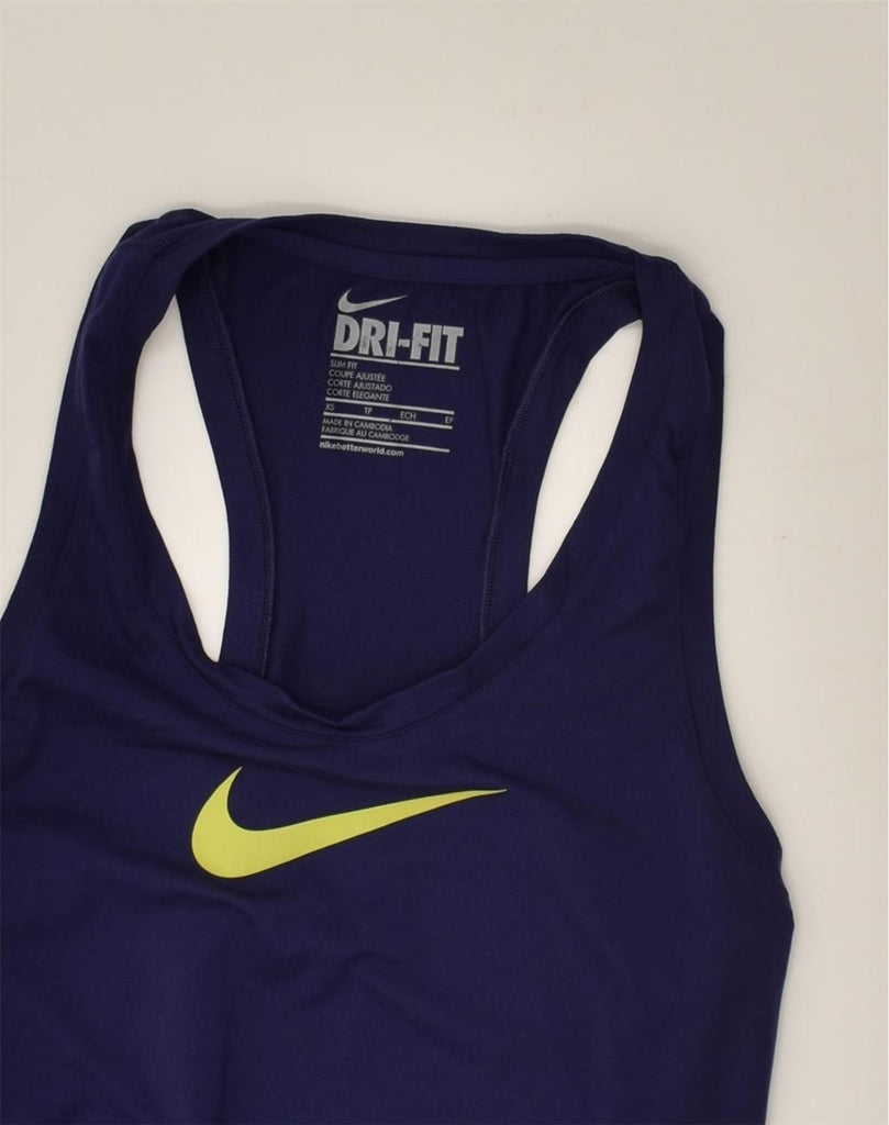 NIKE Womens Dri Fit Slim Fit Graphic Vest Top UK 4 XS Navy Blue | Vintage Nike | Thrift | Second-Hand Nike | Used Clothing | Messina Hembry 