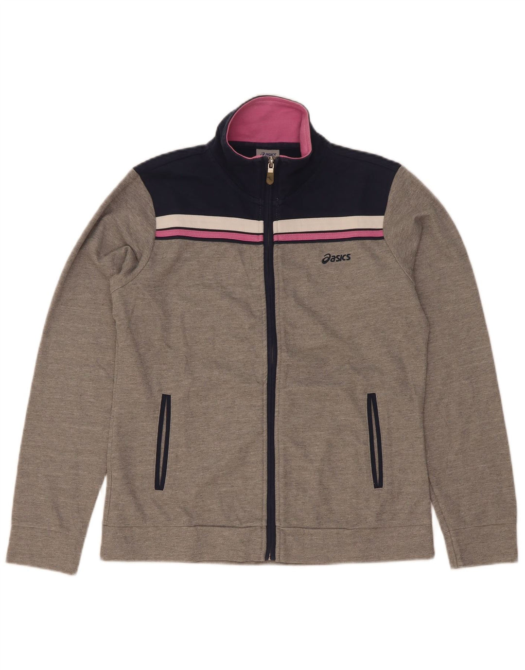 Asics Womens Tracksuit Top Jacket UK 14 Medium Grey Colourblock Cotton