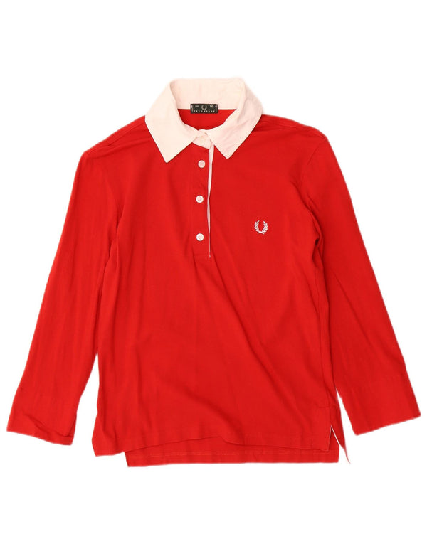 Fred Perry Womens 3/4 Sleeve Rugby Polo Shirt UK 12 Medium Red Colourblock