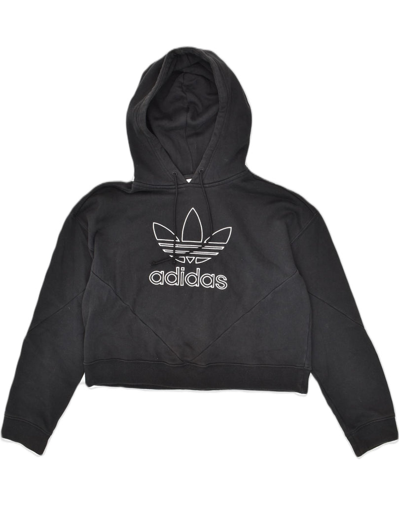 ADIDAS Womens Crop Graphic Hoodie Jumper UK 10 Small  Black Cotton | Vintage Adidas | Thrift | Second-Hand Adidas | Used Clothing | Messina Hembry 