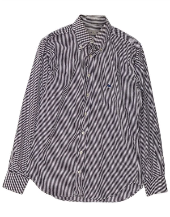 ETRO Mens Shirt Medium Navy Blue Gingham Cotton