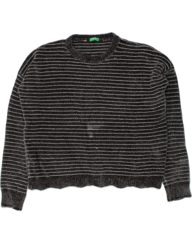 BENETTON Girls Fleece Jumper 11-12 Years 2XL Grey Striped Polyester | Vintage Benetton | Thrift | Second-Hand Benetton | Used Clothing | Messina Hembry 