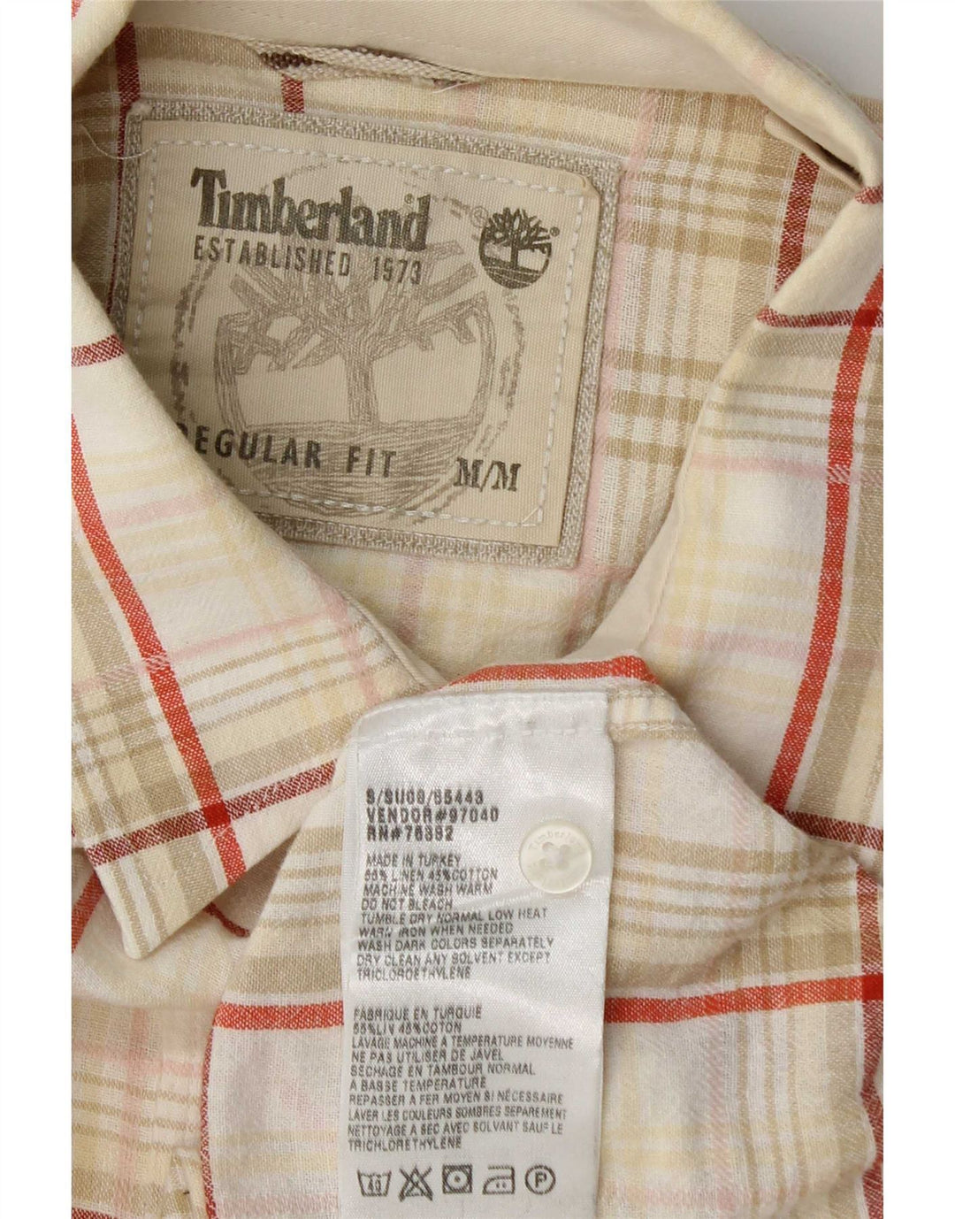 Timberland Mens Short Sleeve Regular Fit Shirt Medium Beige Check Linen