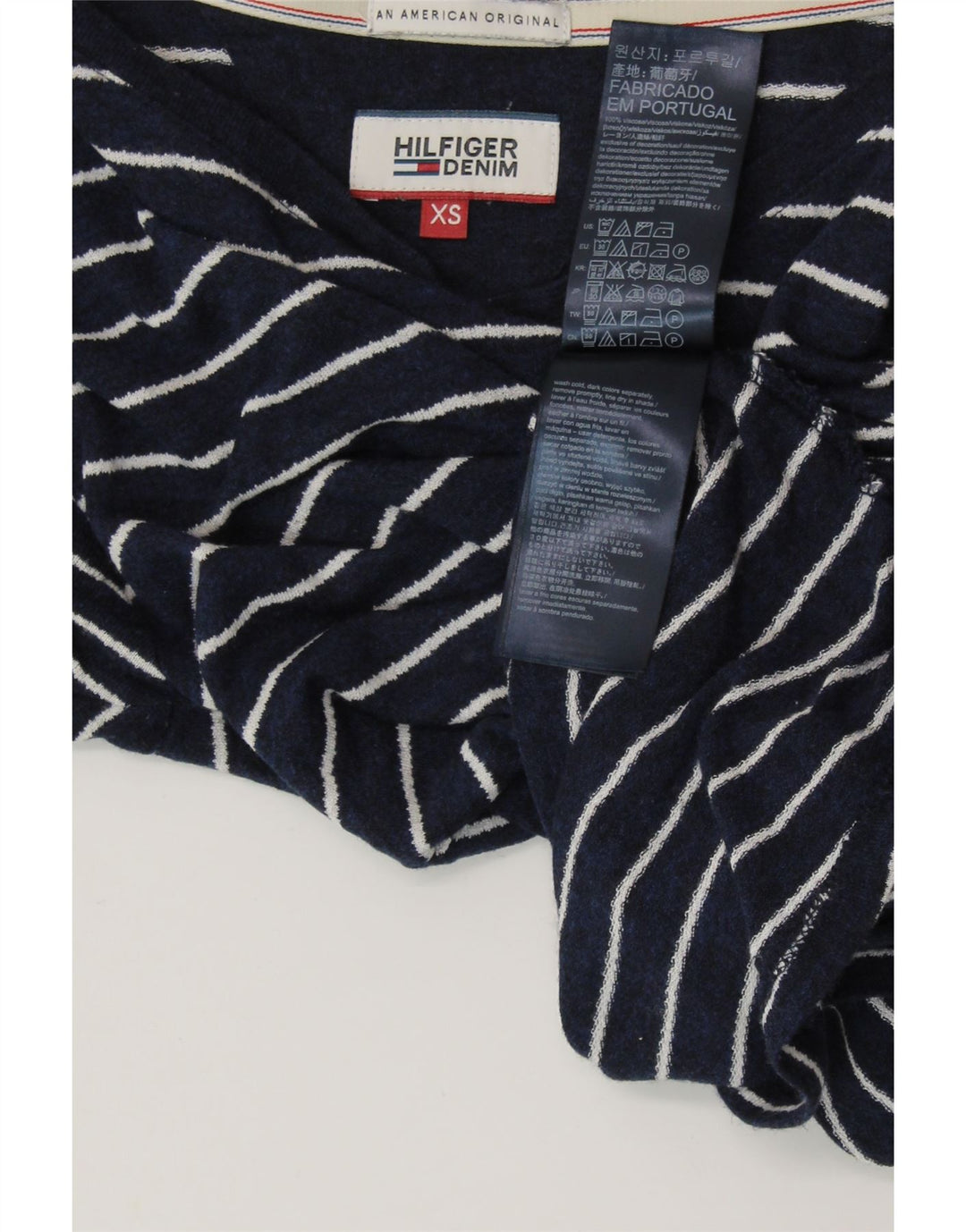 TOMMY HILFIGER Womens T-Shirt Top UK 6 XS Navy Blue Striped Viscose