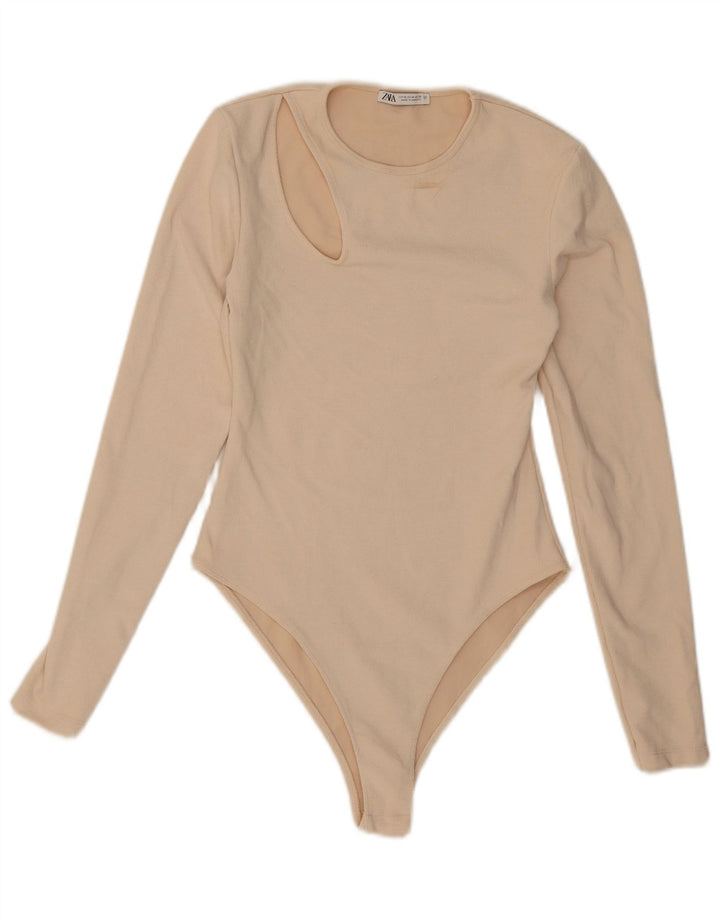 Zara Womens Long Sleeve Bodysuit UK 12 Medium Beige