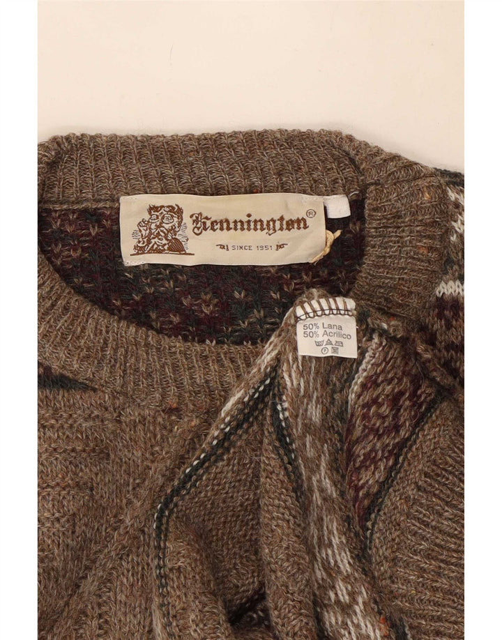 Kennington Mens Crew Neck Jumper Sweater Large Brown Fair Isle Wool
