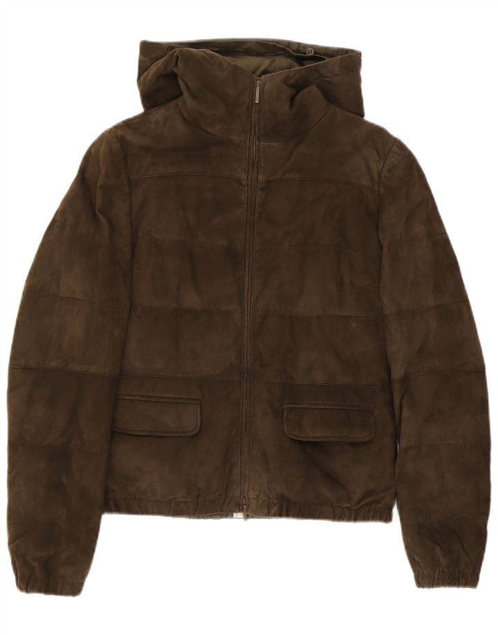 Max Mara Womens Hooded Suede Padded Jacket UK 10 Small Khaki Leather Biker