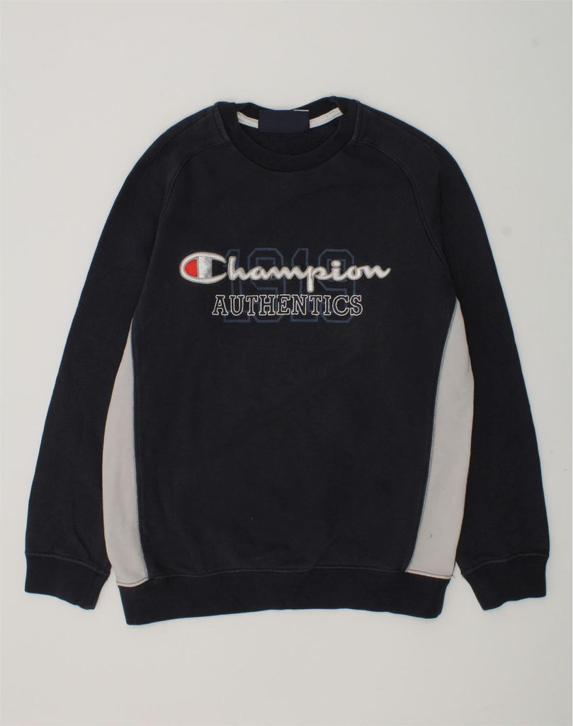 CHAMPION Boys Graphic Sweatshirt Jumper 9-10 Years Medium Navy Blue Cotton | Vintage Champion | Thrift | Second-Hand Champion | Used Clothing | Messina Hembry 