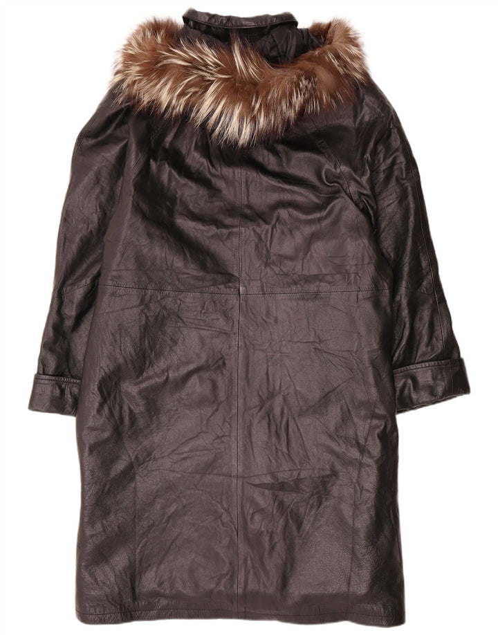 VINTAGE Womens Oversized Hooded Leather Coat UK 14 Medium Black Leather