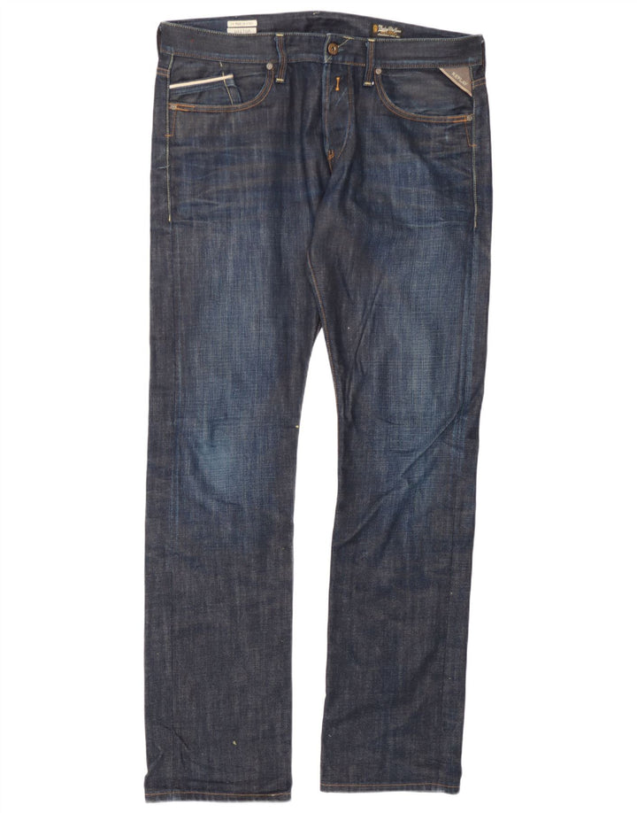 Replay Mens Waitom Straight Jeans W36 L36 Navy Blue Cotton