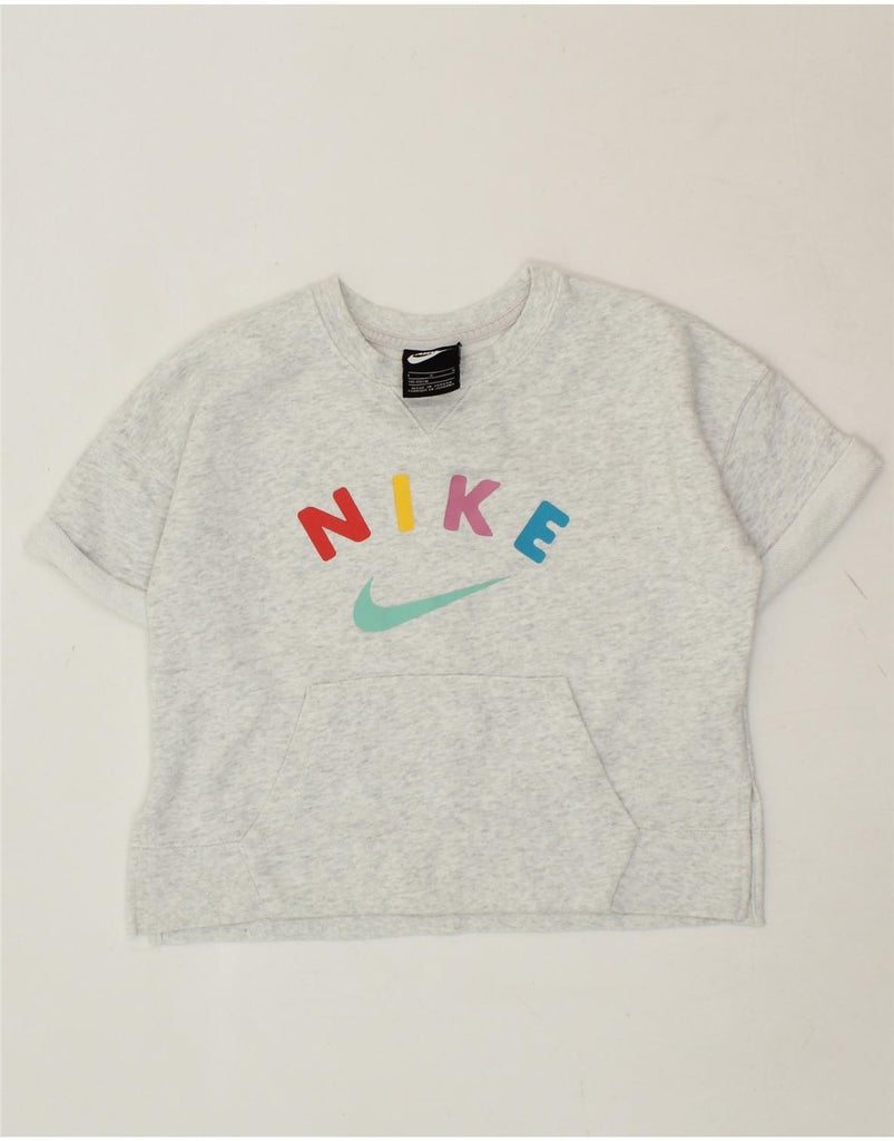 NIKE Girls Graphic Short Sleeve Sweatshirt Jumper 12-13 Years Large Grey Vintage Nike and Second-Hand Nike from Messina Hembry 