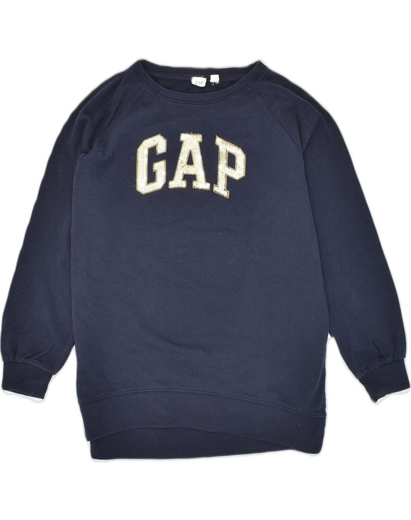 GAP Womens Longline Graphic Sweatshirt Jumper UK 6 XS Navy Blue Cotton | Vintage Gap | Thrift | Second-Hand Gap | Used Clothing | Messina Hembry 