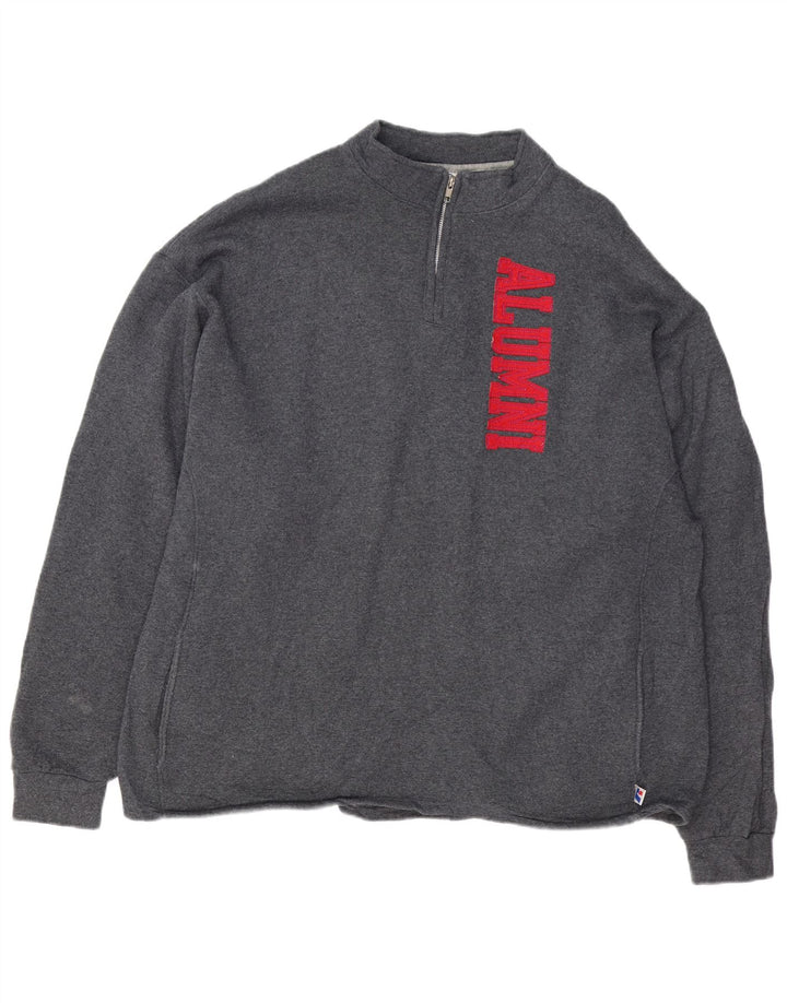 RUSSELL ATHLETIC Mens Graphic Zip Neck Sweatshirt Jumper 2XL Grey Cotton