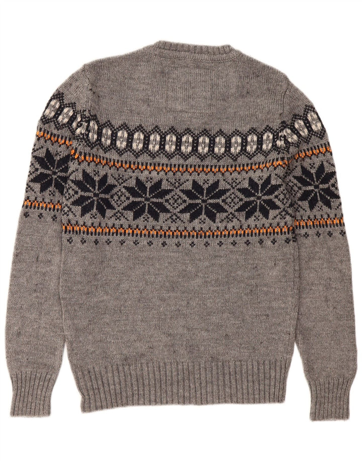 Superdry Mens Crew Neck Jumper Sweater Small Grey Fair Isle Acrylic