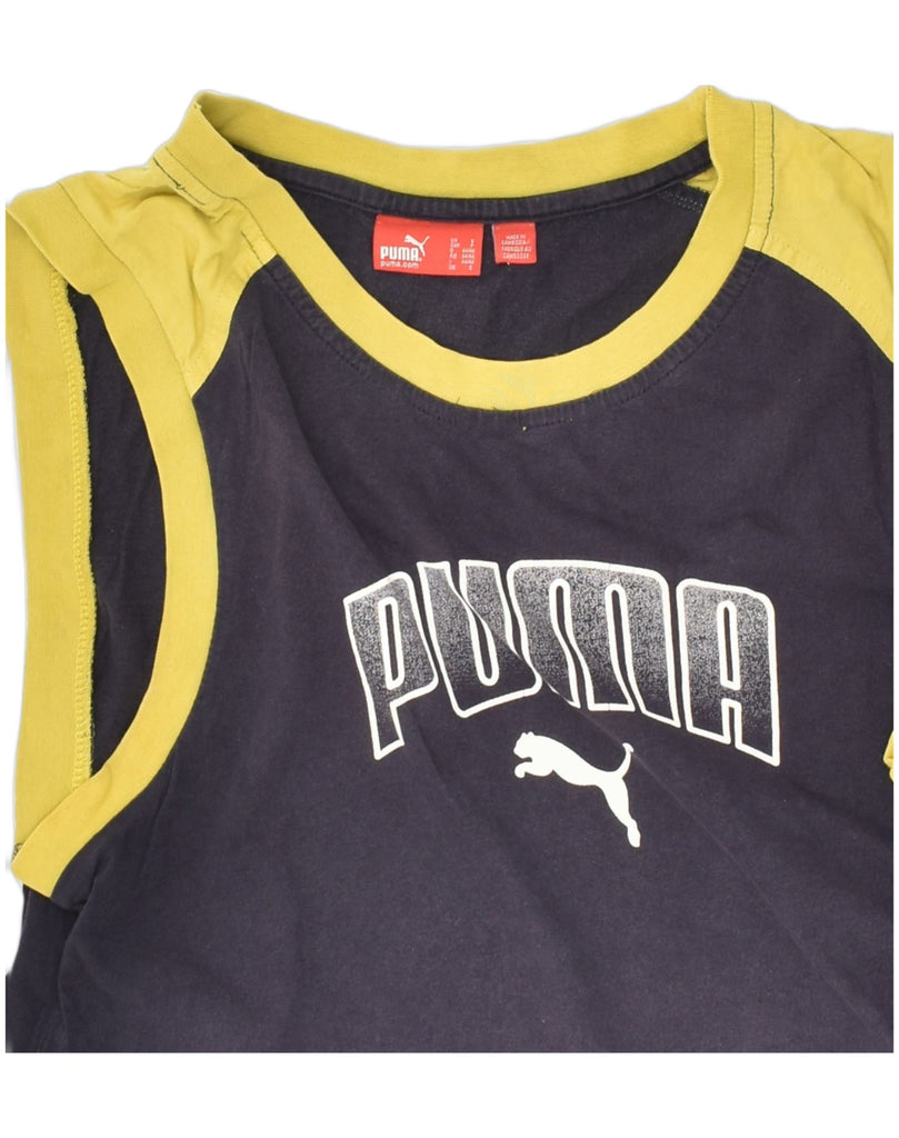 PUMA Mens Graphic Vest Top Small Navy Blue Colourblock Cotton | Vintage Puma | Thrift | Second-Hand Puma | Used Clothing | Messina Hembry 