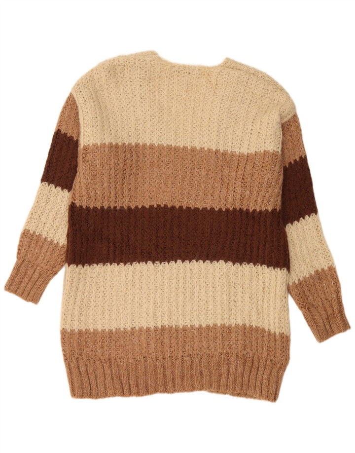 Zara Womens Oversized V-Neck Jumper Sweater UK 10 Small Beige Striped