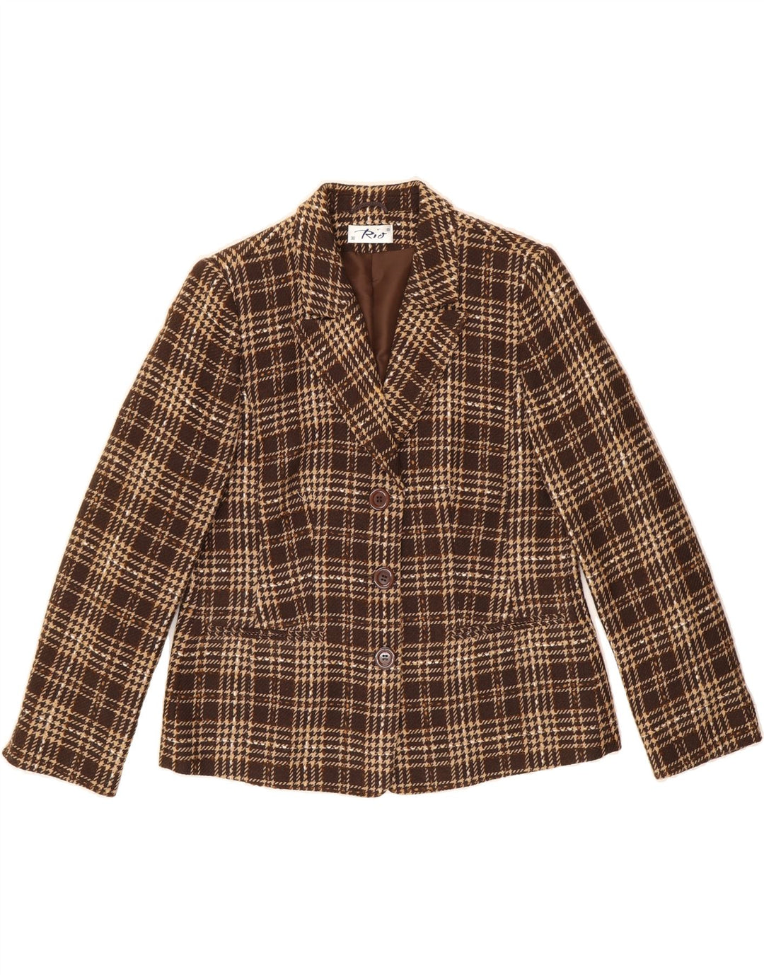RIO Womens 3 Button Blazer Jacket UK 12 Medium  Brown Houndstooth Acrylic Vintage Rio and Second-Hand Rio from Messina Hembry 